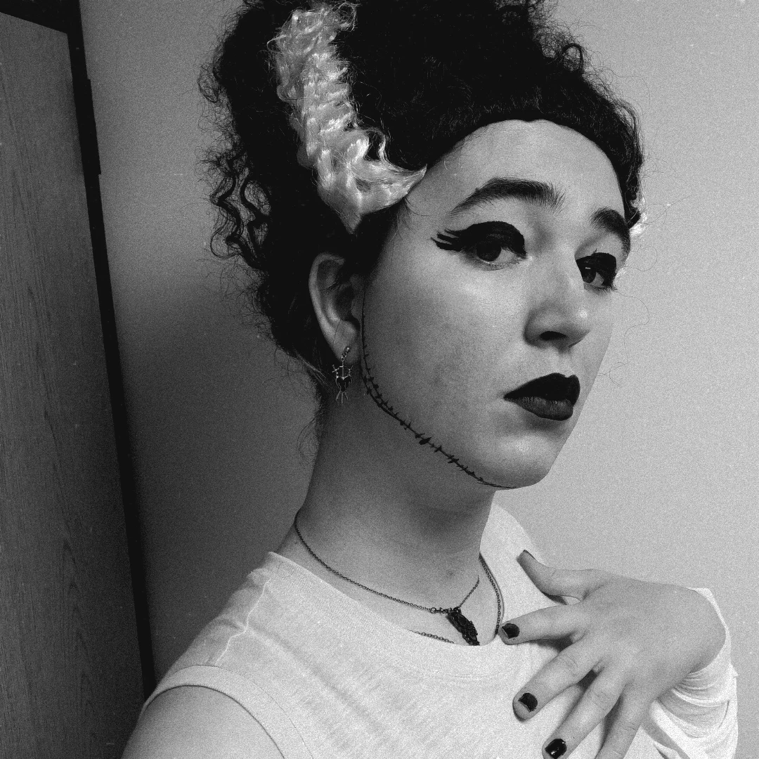 Penny dressed as the Bride of Frankenstein